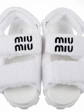 Miu Logo Terry Cloth Platform Sandals in White Like New